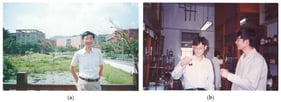 (a) Professor Liao visiting Academia Sinica in Taipei, 2000. (b) Professor Liao (right) supervising Dr. Hui-Zhong Kou (left) during an experiment at Nankai University, 1997.