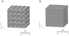 3D models of (A) Ti6Al4V and (B) Ti6Al7Nb scaffolds.