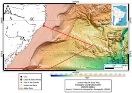 Study area and bathymetric features. The labels SC and RS indicate the Brazilian states of Santa Catarina (SC) and Rio Grande do Sul (RS).