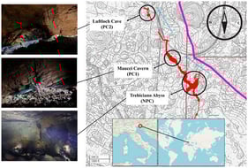 Study area (downside inserts) and planimetric survey of the known Timavo underground system in the Classic Trieste Karst, northeastern Italy (45.6852° N, 13.8336° E, WGS84). Red areas indicate the mapped course of the Timavo River and its caves. The purple line marks the Italy–Slovenia state border. Black circles highlight the speleological sites under study: Trebiciano Abyss (non-pristine cave, NPC), Maucci Cavern (pristine cave 1, PC1), and Luftloch Cave (pristine cave 2, PC2). Blue arrows indicate the main flow direction of the underground Timavo River within the cave system.