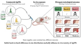 Number-based constituent particle size distribution reported in the manufacturer’s datasheets. (a) Batch A DAG1542; (b) Batch B, DAG1949; (c) Batch C DAG2289. Suspensions of BioPure™ 10 nm spherical Silver Nanoparticles, NanoComposix (San Diego, CA, USA). The AgNP suspensions exhibited distinct particle size distributions across the three batches: the proportion of particles with diameters < 8 nm was 14% in Batch A, 0% in Batch B, and 8% in Batch C. The dashed vertical line indicates the particle diameter threshold set at 8 nm.