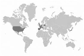 Geographic distribution of included studies. Countries shaded in dark grey indicate the locations of the 10 studies included in this review (Europe: Spain, France, Italy, Greece, Portugal, and the multicentre European NU-AGE trial; Asia: Japan and Korea; North America: USA). This figure summarises the geographic spread of the evidence base and is intended to support interpretation of heterogeneity across settings (e.g., food environments, sodium sources, and culinary practices relevant to potassium and Na/K). Shading reflects study setting(s) and does not represent study sample size, study quality, or population representativeness.