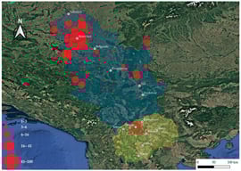 Geographic distribution of locations where tick infestation occurred in patients from North Macedonia and Serbia (2022–2024). Each point represents a probable tick infestation site reported by patients. Red bubble size indicates the number of ticks collected per site, and color intensity reflects relative abundance. The shape file for mapping at district and municipality levels is available at the GADM database of Global Administrative Areas (v4.1, https://gadm.org/, accessed on 22 July 2022). The map was generated using QGIS v3.12 [25].