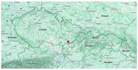 Map of Slovakia with indication of the study site (red location marker).