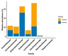 Stacked bar plot showing the relative abundances of statistically significant families among the controls and patients.