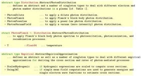 Definition of the data structures Distribution.AbstractPhotonDistribution (upper panel), Distribution.PhotonPlanck (middle panel) and Empirical.AbstractEmpiricalApproximation (lower panel) that all facilitate the computation of empirical plasma rates and rate coefficients. The distributions are specified by generic functions that can be passed to different (compute) functions, which then evaluate the convolution with these distributions numerically. Moreover, the empirical cross sections or rates are determined by an explicitly selected or default approximation <: Empirical.AbstractEmpiricalApproximation, which enables one to readily add further approximations to the code. See text for further explanations.