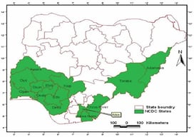 Map showing cocoa-producing states in Nigeria [27].
