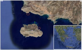 The location of ghost nets removal is shown with a green star, between two active aquaculture companies (orange ellipses), in central Greece (red rectangle in bottom right corner of the figure).