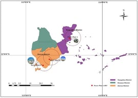 Geographical locations and surrounding environments of the three representative coastal sewage treatment plants (Plants A, B, and C) in Zhuhai.