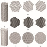 Geometric details of the constructed heterogeneous models. (a) Ordered heterogeneous bed; (b) random heterogeneous bed; (c) variant with the first three layers in a hexagonal arrangement; (d) variant with the first three layers arranged per [27]; (e) top view of (a); (f) ordered tetrahedron arrangement; (g) random tetrahedron arrangement.