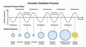 The mechanism of acoustic cavitation, illustrating bubble growth and collapse.