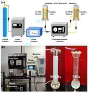Schematic diagram and photographs of the experimental apparatus: (a) Schematic of the ozonation experimental setup; (b) Photograph of the actual apparatus; (c) Comparison of bubble morphologies during operation.