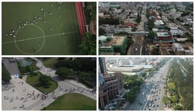 Representative UAV remote sensing images from the VisDrone datasets. Objects of interest, such as vehicles and pedestrians, often occupy fewer than 
  
    32
    ×
    32
  
 pixels and are embedded in highly cluttered backgrounds. The combination of nadir viewing perspectives, dense object distributions, and limited spatial resolution highlights the inherent difficulty of small-target detection in UAV scenarios.