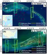 Location of research areas and data distribution. The dotted lines of different colors represent different track distributions of ATLAS datasets obtained at study area of Qilianyu Islands (a) and Key West (b).