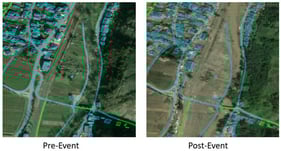 Side-by-side comparison of a Pre-flooding Event image on the left and a Post-flooding Even image on the right. The images are from the Germany region of the dataset and both have the Post-flooding ground truth labels added. Lines in blue are flooded roads while lines in green are non-flooded roads. Likewise, Polygons in blue are flooded buildines while those in green are not flooded.