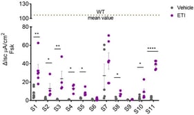 Ex vivo drug response by short-circuit current (Isc) measurements of indicated colonoids under CFTR therapy and vehicle (DMSO; dimethyl sulfoxide). Values are means ± SE * p-value ≤ 0.05, ** p-value ≤ 0.005, **** p-value < 0.0001. Unpaired Student’s t-test. The genotype of each CF subject reported here is as follows: S1:W57G/A234D; S2:R74W+V201M+D1270N/CFTRdele22-24; S3: F508del/711+5A; S4: A559T/A559T; S5: R347P/R347P; S6: L227R/L227R; S7: F508del/dup.exon1-3; S8: R1162X/3849+10kBC>T; S9: 2183AA>G/N1303K; S10: R553X/2789+5G>A; and S11: CF patients harboring F508del/F508del (used here as reference). Each dot represents a single electrophysiological measurement. A minimum of three measurements were performed for each condition and genotype.