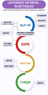 Mechanistic landscape of emerging extended-interval metabolic candidates discussed in this review. Programs are grouped by pharmacologic class as indicated by the colored labels: GLP-1RA (blue), GIP-1RA (red), GIPR-ANT (purple), AMY-RA (orange), and THRβ-RA (green). Maridebart cafraglutide (MariTide; AMG 133) is depicted as a peptide–antibody conjugate combining GLP-1RA activity with sustained GIPR antagonism. Asset names are shown as development codes; icons are schematic and intended to illustrate mechanistic classification rather than molecular structure or comparative efficacy.