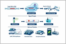 Schematic overview of CRISPR-based agricultural diagnostics.Cas12 or Cas13 complexes recognize target DNA or RNA sequences through guide-RNA–mediated binding, triggering collateral cleavage of a reporter molecule. The resulting signal can be detected via fluorescence, lateral-flow strips, or electrochemical readouts. Optional workflow modules—including LAMP/RPA pre-amplification, microfluidic integration, and smartphone-based detection—enable portable, rapid, and highly sensitive CRISPR-based pathogen diagnostics suitable for laboratory, greenhouse, and field conditions.
