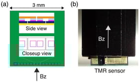 TMR sensor used for the study. (a) Details of the original TMR sensor before length reduction. The green area represents a silicon chip with a series of paired TMR elements (an island) aligned along the upper edge. Fifteen islands are connected serially. Insets are close-up and side views of an island. Each island shares an electrode (yellow) and a free layer (dark blue; 100 μm × 178 μm). The pink color indicates MTJs, and the light blue represents pinned layers. The gaps between islands are 1 μm. Each island is connected to the adjacent islands via the upper electrode (orange). For this study, one island (the leftmost one, enclosed by thick blue dashed lines) is used as a sensor, which includes two TMR devices. The thickness of a free layer is 0.1 μm, which corresponds to the width of the magnetic field sensing region. (b) Appearance of the TMR sensor. The black part is an aluminum body holding the TMR sensor, which is tightly fixed to a vertically oriented aluminum frame in the magnetic shield case.