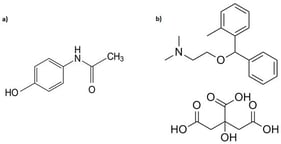 Constitutional formulas of (a) paracetamol and (b) orphenadrine citrate.