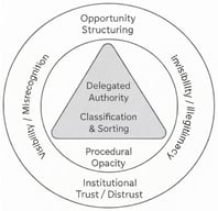 Automated Judgement as Institutional Power: A Relational Architecture of Delegated Authority, Classification, Opacity, and Inequality Pathways. Source: Author’s conceptual model based on synthesis of policy, governance, and scholarly sources analysed in this study.