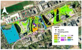 UGI types sampling locations and monitoring key plots on top of the aerial photograph (2023). HI—intermediate herbs, HO—old herbs, LI—intermediate lawns, LO—old lawns, LR—recent lawns, SI—intermediate shrubs, SO—old shrubs, SR—recent shrubs, TI—intermediate trees, TO—old trees.