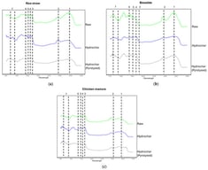 FTIR spectra of hydrochar and pyrolysed hydrochar from rice straw (a), biosolids (b) and chicken manure (c). Functional groups of the main FTIR bands: (1) O-H stretching of carboxylic acids, phenols, alcohols, 3336 cm−1; (2) Aliphatic C-H, 2906 cm−1; (3) Carboxyl C=O, 1702 cm−1; (4) Aromatic C=C, 1598 cm−1; (5) Aromatic C=O, 1514 cm−1; (6) Phenolic O-H, 1371 cm−1; and (7) Aromatic C-H, 609–895 cm−1.