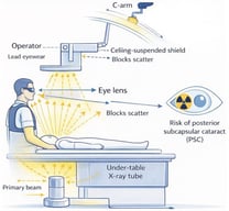 Conceptual schematic of imaging-driven occupational eye lens dose during TAVI, showing patient-generated scatter radiation and the protective role of ceiling-suspended shielding and table-mounted lead drapes. The C-arm is the C-shaped fluoroscopic unit that supports the X-ray tube (positioned under the table in this configuration) and the detector. Yellow arrows represent the primary X-ray beam and patient-scattered radiation. Blue curved arrows indicate C-arm rotation/angulation, while blue horizontal arrows denote spatial orientation relative to the operator’s eye(Created by the authors).