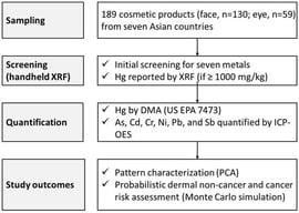 Overall study workflow for sampling, metal screening/quantification (XRF, DMA, ICP-OES), and downstream analyses (PCA and Monte Carlo risk assessment).