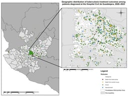 Geographic distribution of tuberculosis treatment outcomes in patients diagnosed at the Hospital Civil de Guadalajara “Fray Antonio Alcalde”, from January 2020 to December 2023. Each dot represents an individual case and is color-coded according to treatment outcome, based on raw, non-aggregated point-level data from patients’ residential addresses. The left panel shows the regional distribution across the state of Jalisco, while the right panel focuses on the Guadalajara Metropolitan Area.