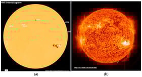 Sunspots of AR13664 on 11 May 2024 from NASA SDO/HMI (a), the X5.8 solar flare on 11 May 2024 generated from AR13664 from NASA SDO/AIA 304 (b).