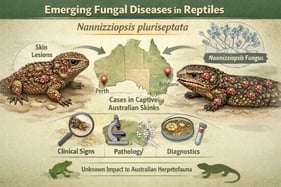 Gross skin lesions in Shingleback skinks from Queensland and Spiny-tailed skinks from Western Australia, Australia. Shingleback skinks. Cases 1–2. (a) Focal scale roughening on the caudal ventral body and focal reddened discoloration on the lateroventral aspect of the tail (b). Spiny-tailed skinks. Cases 3–4. Multifocal ventral yellow discoloration and scale roughening on the mid to caudal ventral body (c) and focally on the cranial ventral body (d).