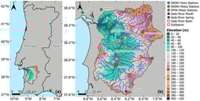 Location of the Sado River Basin in Portugal (a), and location of the basin’s water channels ((b), blue lines), subbasins (numbers and red lines), Sado River spring ((b), red dot), Sado River mouth ((b), purple dot), IPMA meteorological stations ((b), green dots), SNIRH meteorological stations ((b), orange dots), and SNIRH hydrometric station (blue dot). The basin’s hypsometric chart is represented in the background.
