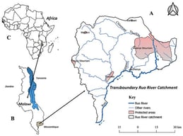 Geographical setting of the transboundary Ruo River Catchment, corresponding toWater Resource Area 14 in Malawi. (A) spatial extent of the RRC, (B) national context showing the location of the RRC within Malawi and (C) continental context showing the location of Malawi within Africa.