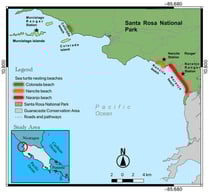 Location of the study area showing the nesting and depredation beaches: Colorada, Nancite, and Naranjo, within Santa Rosa National Park, Guanacaste Conservation Area, northwestern Costa Rica.