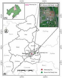 Study area of the long-term field experiment on brown soil fertilizer. (A) Liaoning Province (B) Shenyang city (C) Brown soil study area. The red box represents the plot in the experimental site.