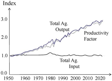 Trends in U.S. agricultural output, input use, and total factor productivity (Index), 1948–2021.