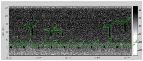Spectrogram detections of fin whale 20 Hz and VFP notes (X-BAT (BRP, Cornell)) 2.5 min window, FFT = 512 points, Hanning window, 75% overlap [9].