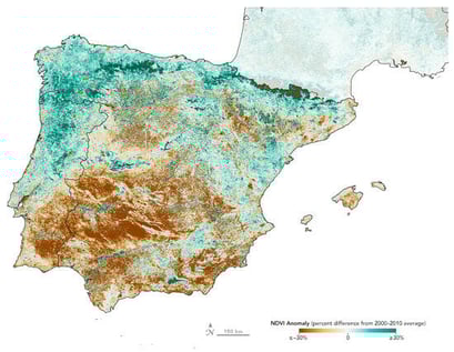 NDVI of the Iberian Peninsula. This map indicates areas where vegetation was less healthy than average (brown) during spring 2023, reflecting anomalies in the Normalized Difference Vegetation Index (NDVI)—a satellite-derived indicator used to assess vegetation conditions. Source: NASA Earth Observatory images by Allison Nussbaum, using MODIS data from NASA EOSDIS. Available at https://earthobservatory.nasa.gov/images/151366/spain-browned-by-drought (accessed on 28 January 2026).