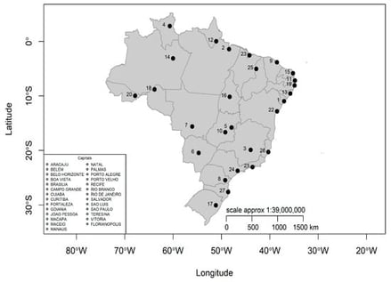 Geographic location of the 26 Brazilian state capitals and the Federal District (Brasília) included in the study.