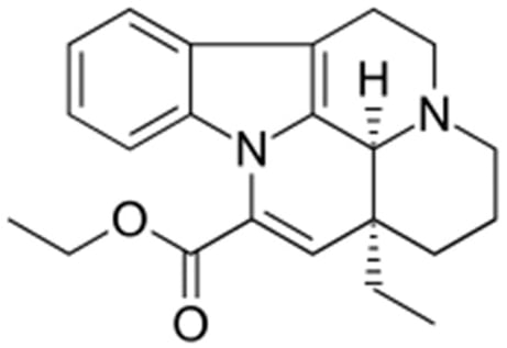Structure of vinpocetine ([(3α,16α)-eburnamenine-14-carboxylic acid ethyl ester]) (Mw: 350.5).