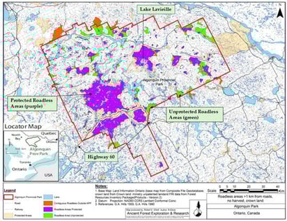 Protected and Unprotected Roadless Areas (1 km buffer) in Algonquin Park, Ontario [33,34].
