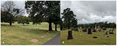 Grave marker area structure types: (A) Homogenous flat: markers are laid even with the surrounding substrate and uniformly arranged, sometimes with graveside décor such as an attached vase for flowers or a flag. Nearly all markers are rectangles of similar size; the only vertical elements on any of these markers are the attached vases or other décor. (B) Heterogeneous upright: Most markers have some amount of vertical height and encompass a wide range of styles and shapes. These areas may include some flat markers as well, but vertical markers appear throughout the area.