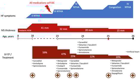 Timeline of the clinical course and treatment for the patient. Abbreviations: DC, discontinuation (of medications); HF, heart failure; IVS, interventricular septum; LV EF, left ventricular ejection fraction. Hospitalizations are indicated by circled plus symbols.