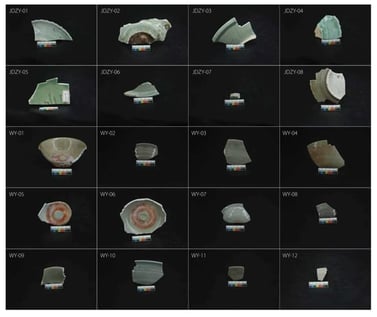 Samples of celadon from Jianyang Bowl Kiln and Jingdezhen Kiln.
