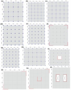 Finite element models: (a–c) six-story MRF buildings; (d,e) eight-story MRFs; (f) eight-story dual system; (g,h) ten-story MRFs; (i) ten-story dual system; and (j–l) SW buildings with five, ten, and twenty stories. Shear walls and cores are highlighted in red.