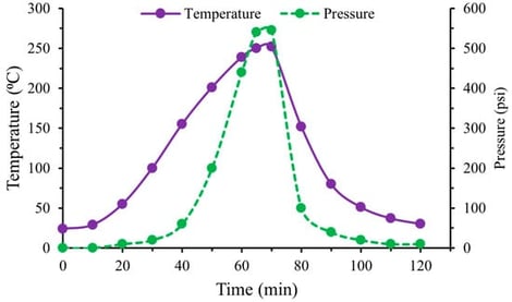Temperature and pressure profile of the reactor.
