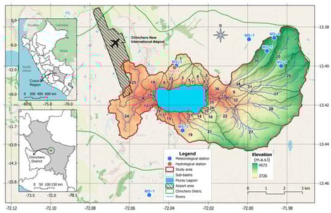 Location of the Piuray Lagoon watershed. Blue (MS–1 to MS–7) and red (HS–1) circles indicate meteorological and hydrological stations, respectively. Numbers within the study area correspond to sub-basins. Arrows in the location maps indicate the position of the watershed within the Cusco region and the Chinchero district.