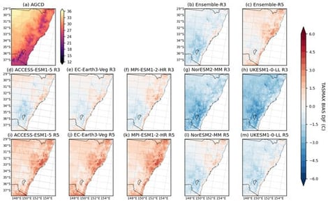 (a) Climatology of daily maximum temperature during the summer of 1990–2009 from AGCD, (b) bias of R3 ensemble mean, (c) bias of R5 ensemble mean, and (d–m) bias of individual models. Unit: °C. Note that AGCD data over oceans are not reliable and thus masked.