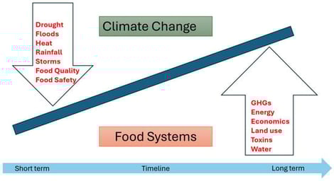 Conceptual framework of the relationship between climate change (CC) and food systems [16] adapted from Bremer &amp; Raiten, 2023, with data updated to 2024.